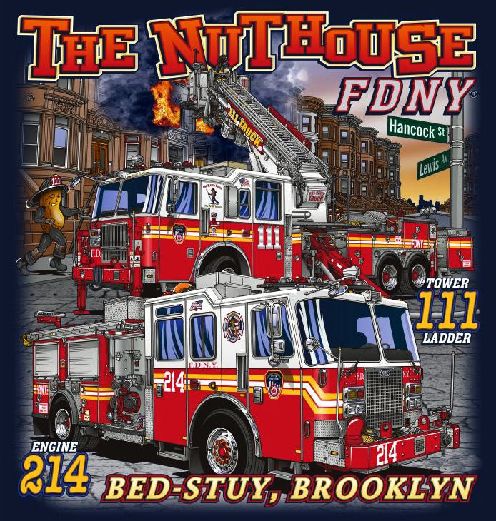 FDNY Engine 214 Tower Ladder 111 Nut House Navy Fire Tee