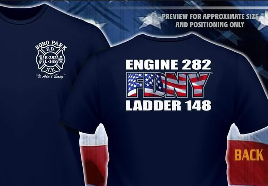 FDNY E282 Ladder 148 Boro Park Flag Design NEW Fire Tee