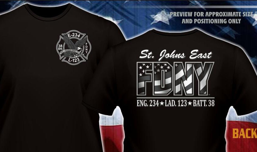FDNY Engine 234 Ladder 123 "St. Johns East" Subdued Black Fire Tee NEW