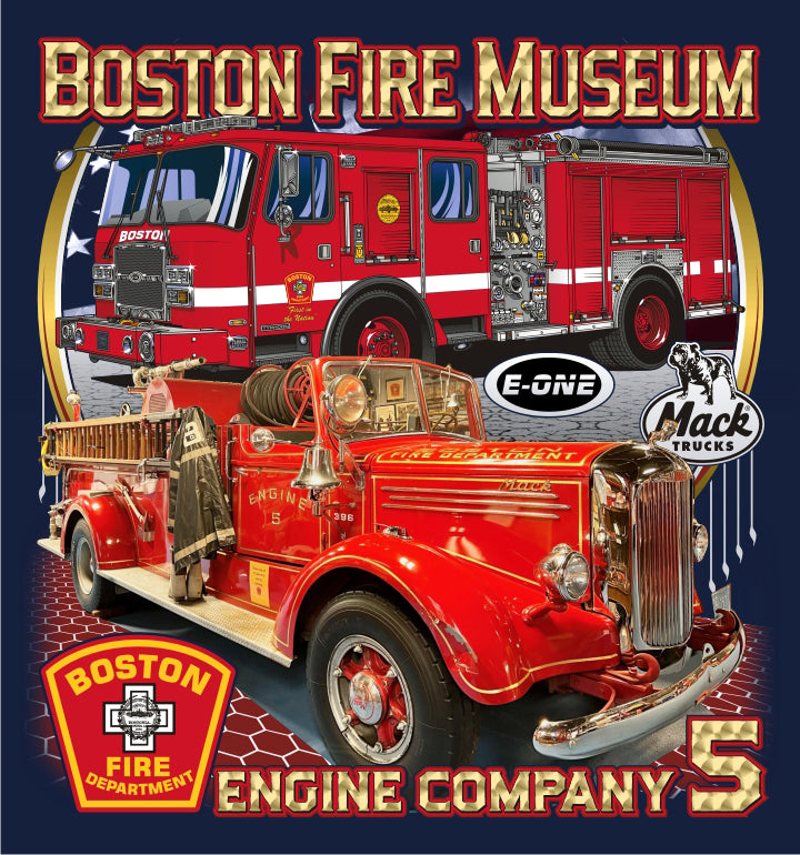Boston Engine 5 Fire Museum Mack E-One Apparatus NEW Navy Fire Tee