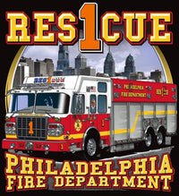 Load image into Gallery viewer, Philadelphia Rescue 1 NEW Design Black Fire Tee Subdued Front
