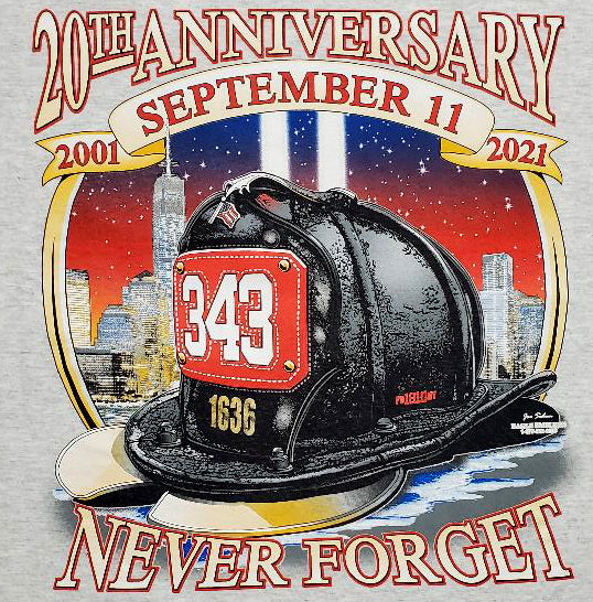 20th Anniversary 9-11 Tee Never Forget ASH Fire Tee 4XL Only