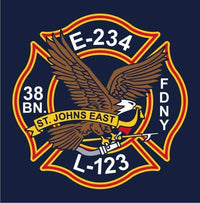 Load image into Gallery viewer, FDNY E-234 L-123 B-38 St. John&#39;s East Colored/Flag Fire Tee Small/Medium/5XL
