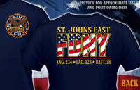 Load image into Gallery viewer, FDNY E-234 L-123 B-38 St. John&#39;s East Colored/Flag Fire Tee Small/Medium/5XL

