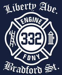 Load image into Gallery viewer, FDNY Engine 332 Bradford St. Brooklyn Mack Engine Navy Tee
