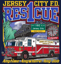 Load image into Gallery viewer, Jersey City, NJ Rescue 1 Anytime, Anywhere, Any Job Navy Fire Tee
