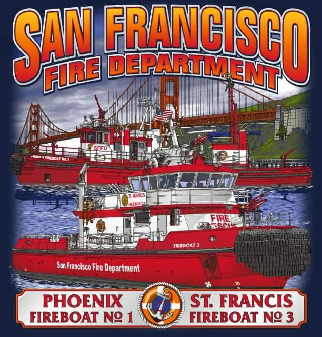 San Francisco Fire Boat 1 & 3 Golden Gate Bridge Navy Tee