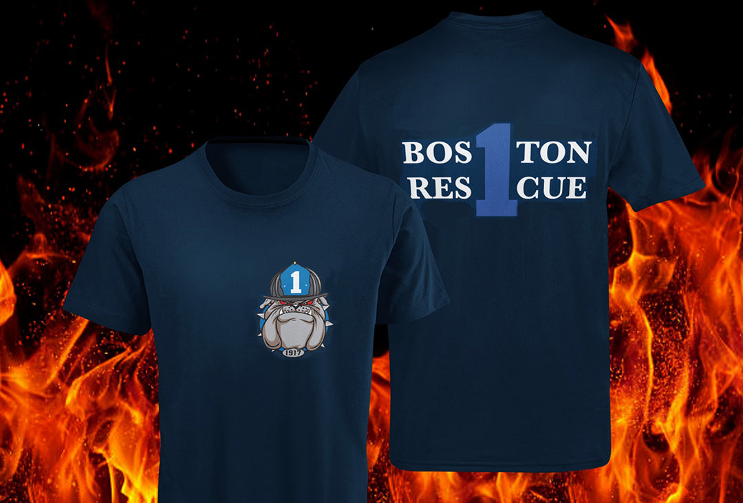 Boston Rescue 1 Bulldog Left Chest / RES1CUE Back Navy Tee