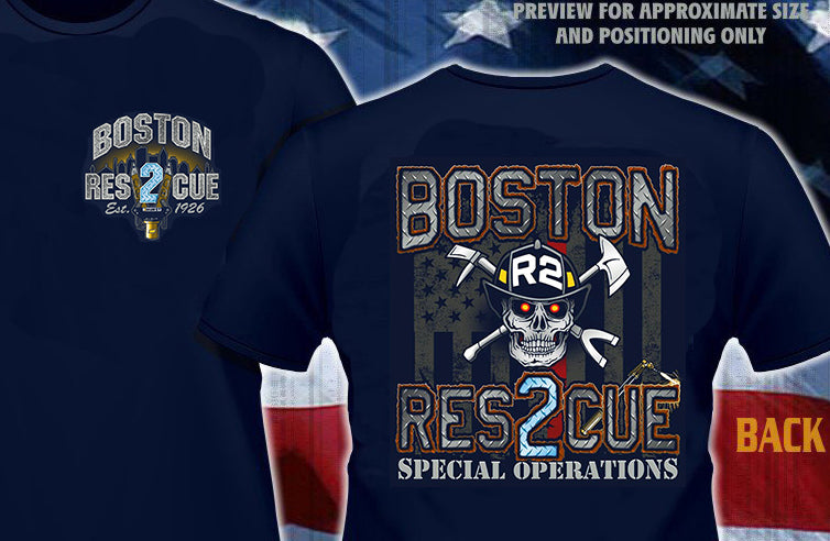 Boston Rescue 2 Skull & USA Flag Fire Tee | Eagle Emblems & Graphics