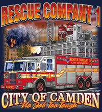 Load image into Gallery viewer, Camden Rescue 1 &quot;No Job Too Tough&quot; Navy Fire Tee Small/Large
