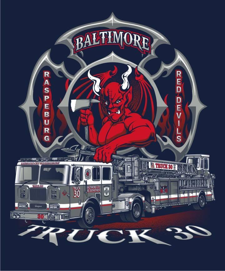 Baltimore Truck 30 Red  Devil  Navy Tee Small  Only